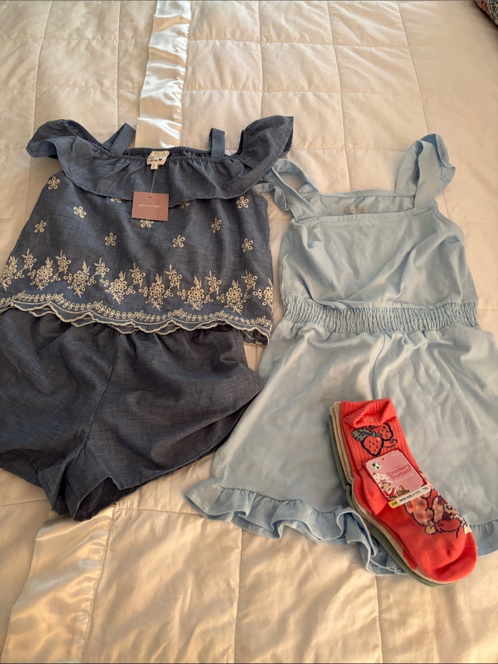 Jessica Simpson romper Girls Light Blue and Denim Embroidered Shorts Set